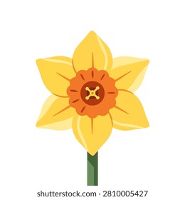 A stylized flat design icon of a single bright yellow daffodil flower with an orange trumpet isolated on white