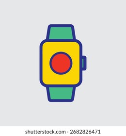 A stylized, flat design icon of a smartwatch featuring a yellow square face, a red circular button, and a vibrant green strap.