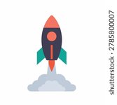 A stylized flat design icon of a space rocket taking off with a plume of smoke beneath it