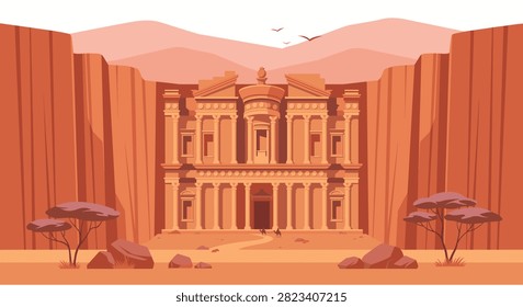 A stylized flat design of the iconic Al-Khazneh temple carved into red sandstone cliffs in Petra, Jordan, featuring desert landscape and camels.
