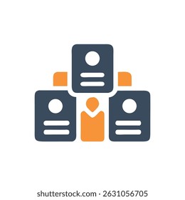 Stylized flat design illustrating a hierarchical team structure, featuring bold blue and orange color accents on a White Background.