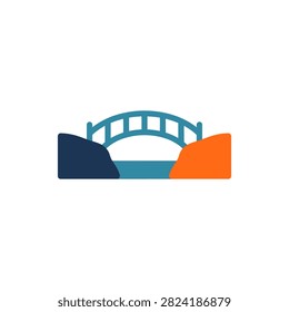 A stylized, flat design illustration of a blue arch bridge spanning a body of water between two colorful hills.
