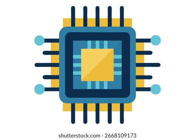 A stylized, flat design illustration of a central processing unit (CPU) chip with multiple pins and a prominent yellow square in the center.