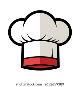 A stylized, flat design illustration of a classic chef's hat, also known as a toque blanche, with a white crown and a red band around the base.