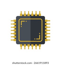 A stylized, flat design illustration of a computer microprocessor chip with gold pins on a white background.