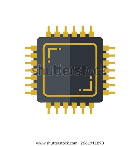 A stylized, flat design illustration of a computer microprocessor chip with gold pins on a white background.