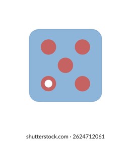 Stylized flat design illustration of die on White backdrop. Light blue square with five red spots, one black spot.