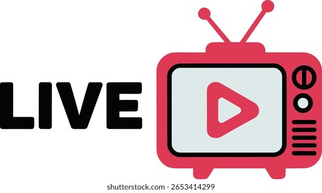 Uma ilustração de design estilizado e plano apresenta a palavra "LIVE" em negrito e preto ao lado de um televisor de estilo retrô. A televisão é vermelha com uma tela azul clara exibindo um ícone vermelho do botão Play 