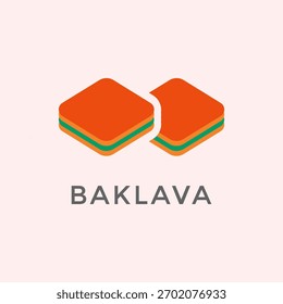 Ilustración de diseño plano estilizado con dos piezas de baklava en rodajas con capas visibles de color verde y naranja. Ideal para marcas culinarias, menús de postres o promociones relacionadas con la comida.