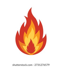 A stylized flat design illustration of a fire flame icon, featuring red, orange, and yellow colors, isolated on a white background.