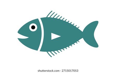 A stylized, flat design illustration of a green fish silhouette featuring a white play triangle in its center, perfect for aquatic media or streaming icons.
