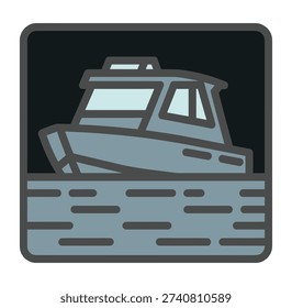 A stylized, flat design illustration of a grey boat with light blue windows floating on calm grey water, set against a dark background within a rounded rectangular frame.