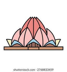 Stylized flat design illustration of the Lotus Temple landmark, featuring pastel pink petals and bold outlines on a white background.
