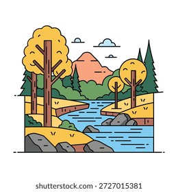 Uma ilustração de design plano estilizado de uma paisagem natural. Um rio azul flui através de um vale com árvores amarelas e verdes em suas margens. Ao fundo, há colinas e montanhas sob um céu azul claro com nuvens estilizadas. A cena geral evoca um ambiente ao ar livre tranquilo.