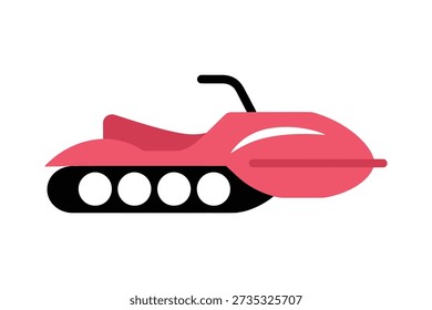 A stylized, flat design illustration of a pink snowmobile with a black track and handlebars, set against a white background.