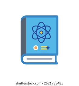 Ilustración de diseño plano estilizado de un libro de texto de ciencia con un símbolo de átomo. Útil para imágenes relacionadas con la educación.