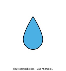Uma ilustração de design estilizado e plano de uma única gota de água azul com um contorno escuro sobre um fundo branco.