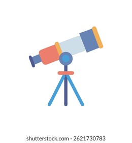 Una ilustración de diseño plano estilizado de un telescopio en un trípode contra un fondo blanco. La pieza es minimalista y limpia.