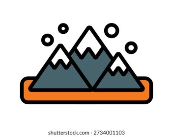 A stylized, flat design illustration of three snow-capped mountains rising from a flat orange base, with small circles floating around them.