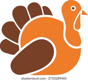 A stylized, flat design illustration of a turkey in shades of orange and brown against a white background. The turkey has its tail feathers fanned out, ready for a festive occasion.
