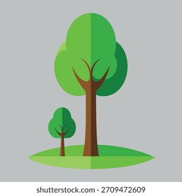 Ilustración de diseño plano estilizado de dos árboles verdes, uno Grande y otro Pequeño, en un parche verde con hierba sobre un fondo gris.