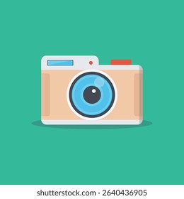 Stylized, flat design illustration of a vintage camera, with a light beige body, white details, and a bright blue lens. The camera is set against a solid teal background.  The image has a simple