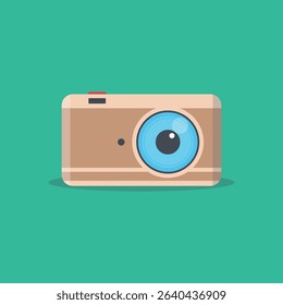 Stylized, flat design illustration of a vintage camera, presented against a solid teal background. The camera is presented in light beige Tan color scheme, with a light blue lens.  