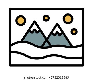 A stylized, flat design illustration of a winter mountain landscape with snow-capped peaks and yellow celestial bodies in the sky.