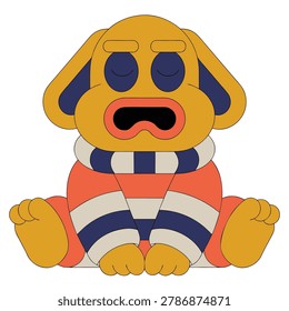 A stylized, flat design illustration of a yellow dog with blue accents, sitting down and wearing an orange and blue striped sweater and scarf.