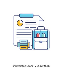 Imagem de design plano estilizado de uma pasta com documentos comerciais. Paleta de cores claras contra um fundo branco escuro.