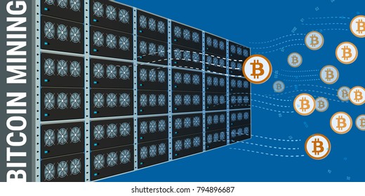 Stylized flat design mining farms made of separate modules and bitcoins flying out of there