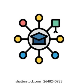 Design plano estilizado mostra um teto de graduação com formas ao redor representando vários recursos de aprendizagem e redes de conhecimento conectadas.