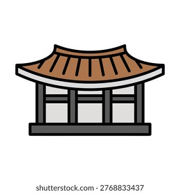 Stylized flat design of a traditional Korean Hanok building with a classic brown tiled roof and minimalist structure, isolated on white.