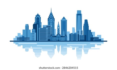 A stylized flat design vector graphic of the Philadelphia, Pennsylvania urban skyline. The illustration features iconic silhouettes of major landmarks including skyscrapers and the historical city hall building. The composition uses various shades of blue and includes a symmetrical reflection at the bottom, all set against a clean white background.