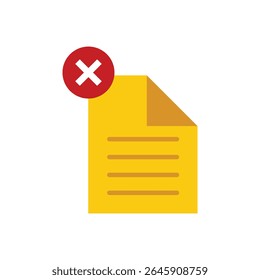A stylized, flat graphic depicts a document marked for deletion. The composition is simple and clean, focusing on a single yellow document icon with horizontal lines suggesting text.