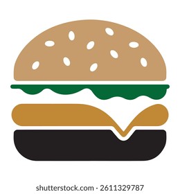 A stylized, flat, graphic design of a cheeseburger.
