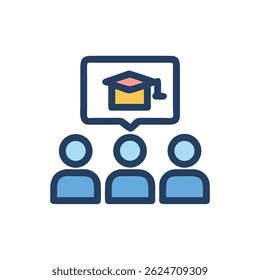 Gráfico plano estilizado de grupo de pessoas com uma bolha de pensamento contendo tampa de graduação.