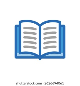 Stylized flat graphic of an open book featuring blue borders and gray text blocks.