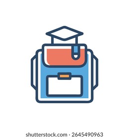A stylized flat icon of a backpack with graduation cap. Blue and coral colors on a White Background.