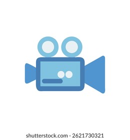 Stylized flat icon of a blue video camera against black. Clean and simple design with minimal details.