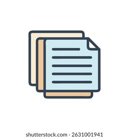 Stylized flat icon depicting stacked documents with line details. Light blue and tan color scheme. Isolated over a White Background.