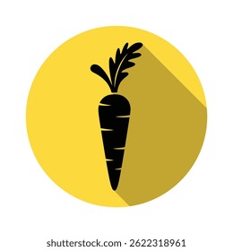 Stylized flat icon displaying a black carrot silhouette with leaves, centrally placed within a vibrant yellow circle and casting a distinct shadow effect.