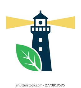 A stylized flat icon featuring a dark blue lighthouse with a glowing yellow beam and a vibrant green leaf, representing eco friendly maritime navigation and nature.