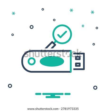 A stylized flat icon featuring a USB flash drive paired with a magnifying glass and a checkmark symbol, representing data verification, security, and storage scan.