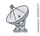 A stylized flat icon of a large radio telescope or satellite dish used for space communication and signal transmission
