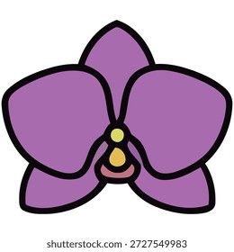 Un icono estilizado y plano de una flor de orquídea púrpura con un contorno negro, aislado sobre un fondo blanco.