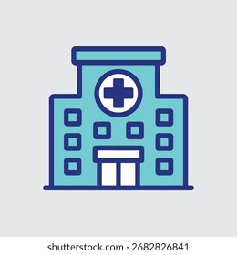 Un icono estilizado y plano que representa un edificio de hospital con una prominente cruz médica azul en su fachada.