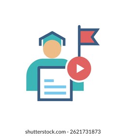 Stylized flat icon showing a student, video play icon, and document, representing online education. A goal flag symbolizes achievement.