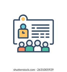 Stylized flat icon of a virtual meeting with a presenter and an audience. Clean and modern design with bright colors.
