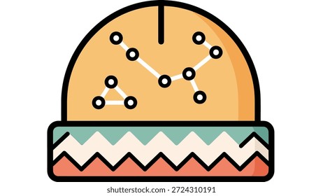 Stylized flat icon of a winter beanie hat adorned with celestial constellations and a decorative zigzag band, symbolizing warmth and cosmic connection.
